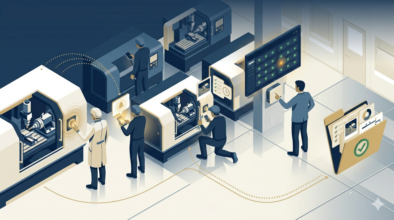 Vue d'ensemble du flux Push : machine, alerte ciblée, technicien, écran TV, dossier EWO, intervention tracée