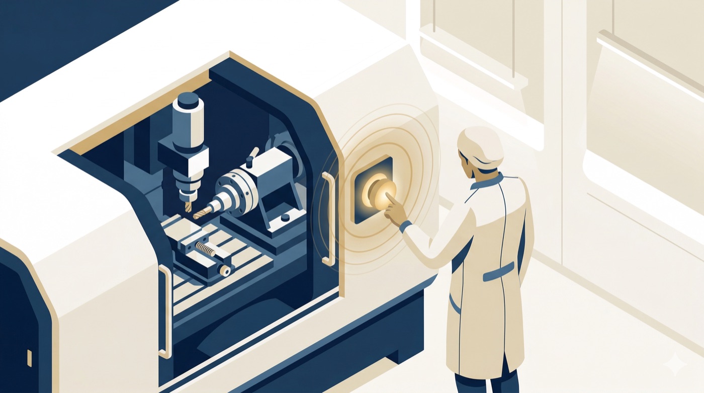 Opérateur en salle blanche appuyant sur un bouton d'alerte lumineux